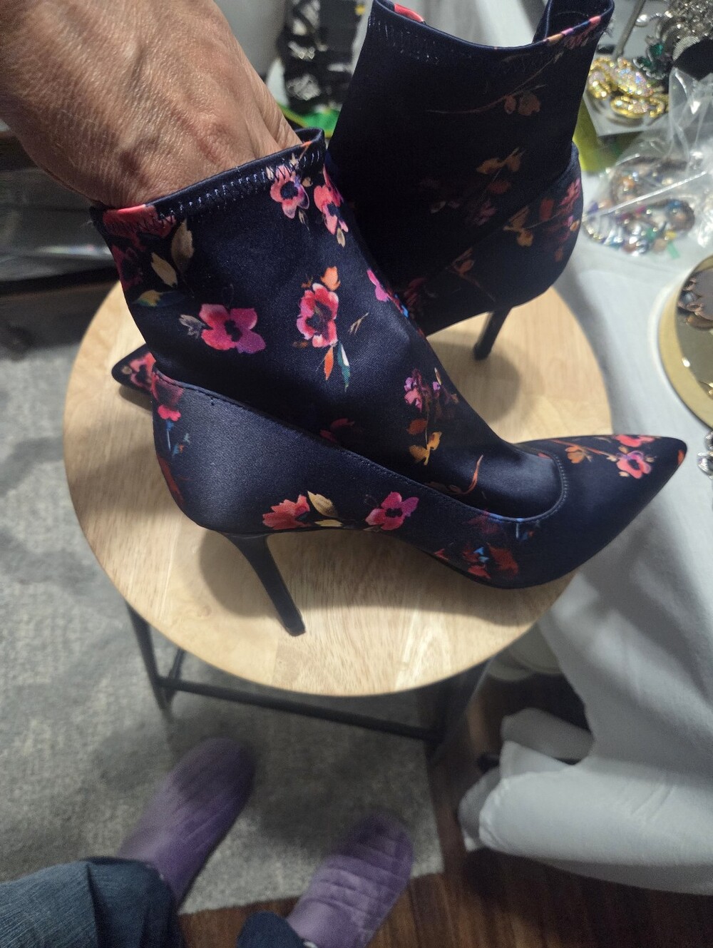 Gianni Bini Navy Blue Floral Pointed Toe Stiletto Sock Boots - Picture 2 of 6